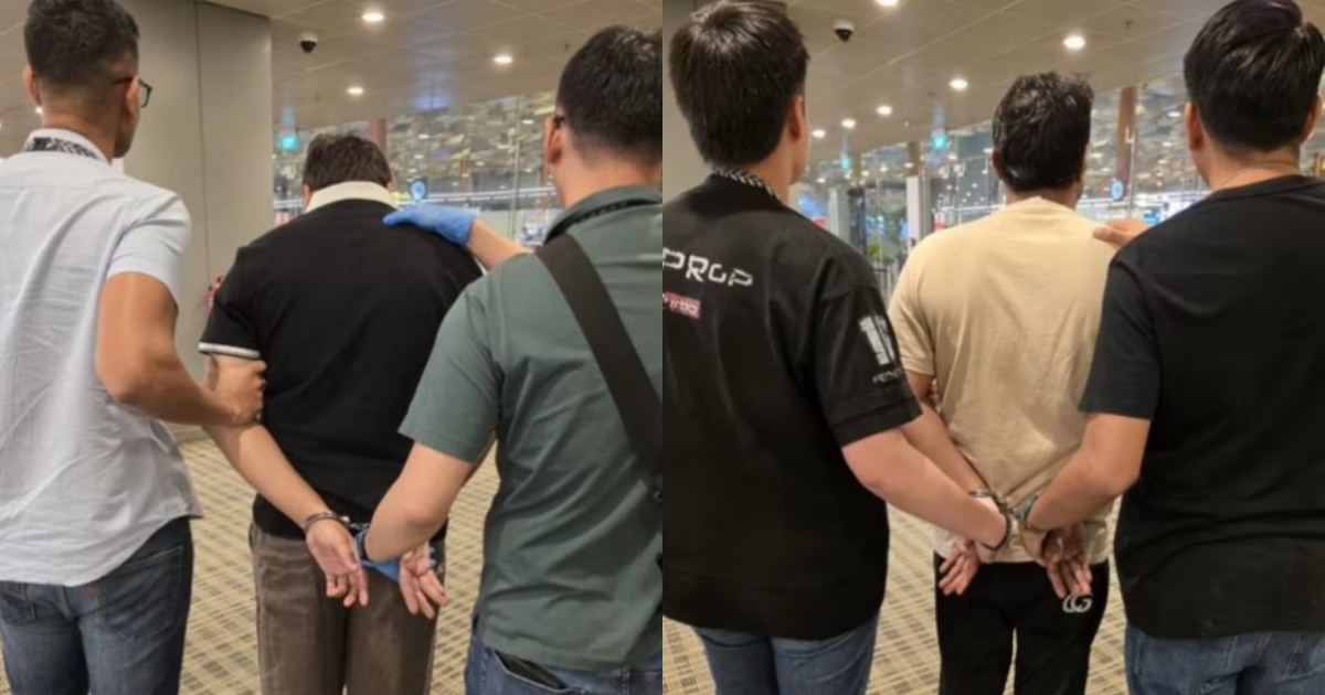 两名男嫌犯在樟宜机场被逮捕。 (图:新加坡警察部队) 两名男嫌犯在樟宜机场被逮捕。 (图:新加坡警察部队)